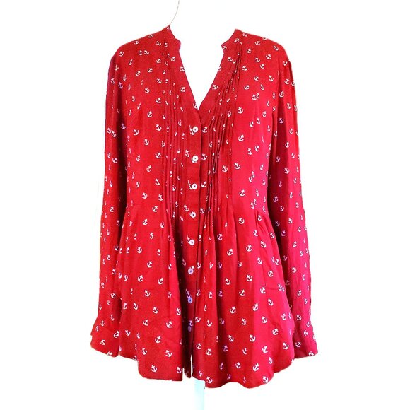 Maeve Red Anchor Print Long Sleeve Button Up Blouse Top Women's Sz 10 Pintucking - Picture 1 of 8